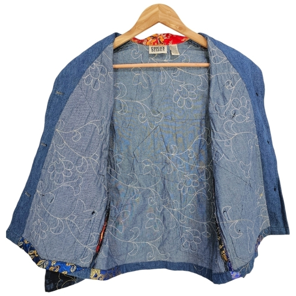 Chicos Patchwork Denim Jacket Womens Size Small Boho Jacquard Festival Vintage - Picture 15 of 16